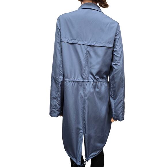 Elie Tahari Long Windbreaker Rain Coat Size M Full Zip Pockets Fishtail hem Blue - Picture 6 of 13